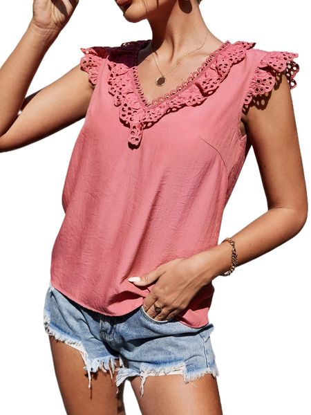 

ruffle trim eyelet embroidery blouse d9z5#, White