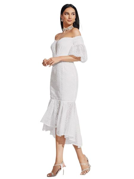 

off shoulder mermaid hem lace dress 16ws#, Black;gray