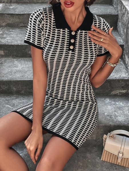 

houndstooth pattern button front polo neck sweater dress x3u5#, White;black
