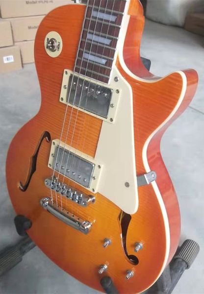 

electric guitar, flame maple wood musical instrument, f hole,silver hardware