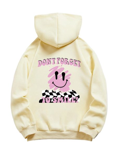 

slogan & expression print kangaroo pocket drawstring thermal hoodie u13j#, Black