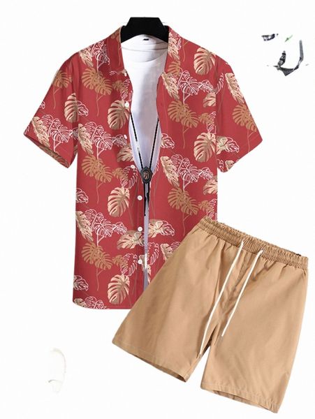 

men random tropical print shirt & drawstring shorts without tee g6jw#, Gray