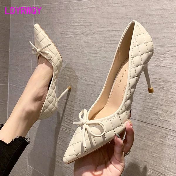 

bow-tie high heels for women thin heel winter 2022 spring and autumn new versatile pointed apricot single shoes with fleece, Black