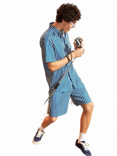 

men striped print flap pocket shirt & shorts a9zo#, Gray