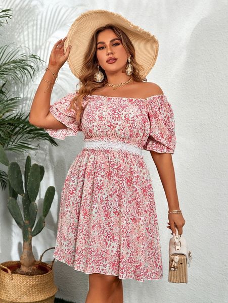 

plus ditsy floral contrast lace frill trim off shoulder dress 532w#, Black