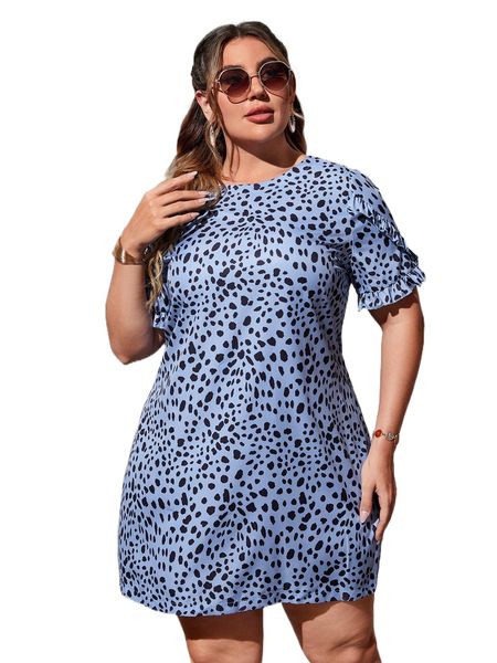

plus allover print frill trim dress z1jb#, Black