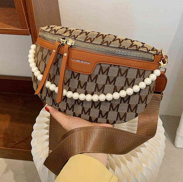 

pearl chain design waist bag letter canvas fanny pack belt for women shoulder crossbody chest purses and handbags 220609