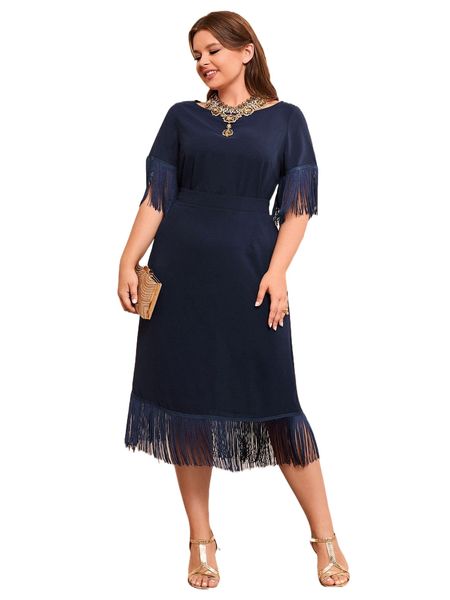 

plus fringe trim & high waist skirt d9l3#, Black