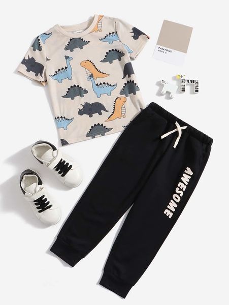 

toddler boys dinosaur print & letter graphic sweatpants she02, White