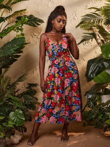 

sxy floral print wrap hem cami dress p3n2#, Black;gray