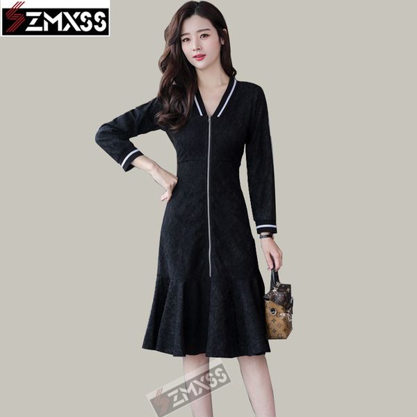 

szmxss korean version autumn womens clothing vneck pleated slim printed pencil dress longsleeved mini dresses 210303, Black;gray