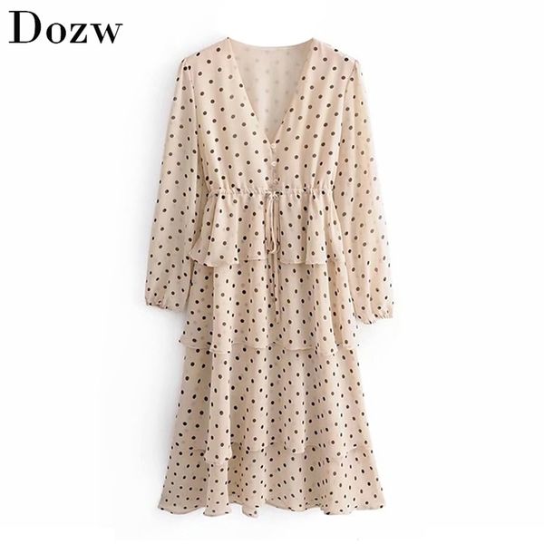 

women polka dot chiffon long beach dress boho summer elegant long sleeve midi party dress layered cake dress vestidos de fiesta 210414, Black;gray