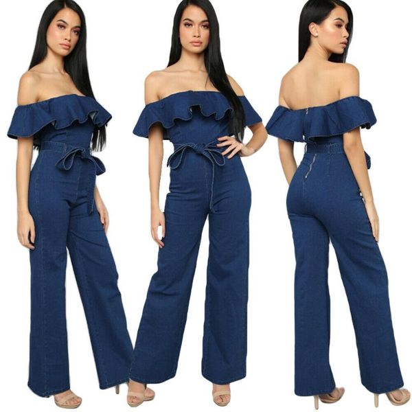 Kadın Tulumları Yükselen Moda Kadın Mavi Denim Omuz Tulum Kapatma Fırfır Kemeri Geniş Bacak Pantolonları Oyun Yaz Romper Fermuar Bodysuit