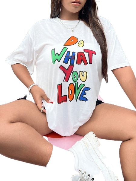

plus colorful slogan graphic drop shoulder tee r60j#, Black