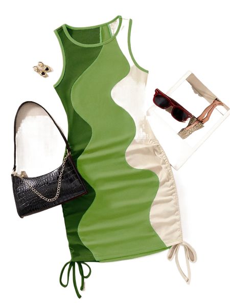 

drawstring side color block bodycon tank dress 54q1#, Black;gray