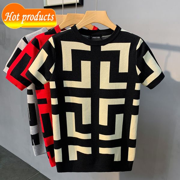 

factory direct selling tide brand clothes wholesale spring and slim fit men's fashion knitted short sleeve t-shirt youth contrast botto, White;black