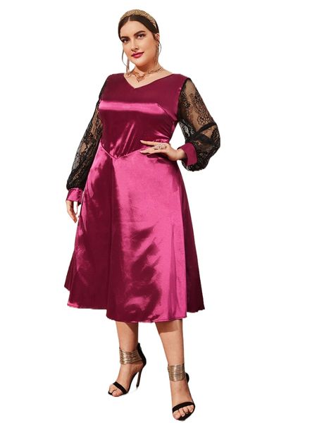 

plus contrast lace lantern sleeve v back satin dress j86i#, Black