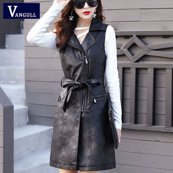 

vangull pu leather womens vest long trench coat female sleeveless waistcoat faux leather blazer plus size 4xl 201031, Black;white