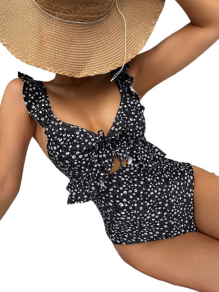 

ditsy floral ruffle cut-out one piece swimsuit v0nk#, White;black
