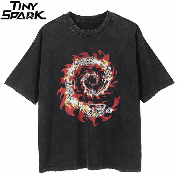 

men hip hop streetwear t shirt fire flame paisley skull ripped retro vintage washed tshirt harajuku cotton tees black 220608, White;black