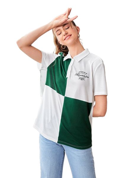 

slogan graphic colorblock polo neck tee x8np#, White