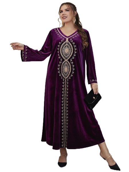 

plus scroll embroidered velvet dress 18f7#, Black