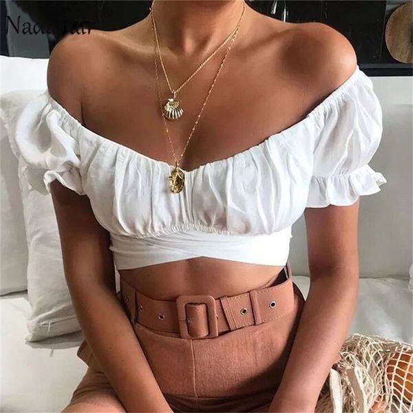 

nadafair blouse women summer off shoulder puff sleeve bow tied beach short sleeve backless crop women white lj200811