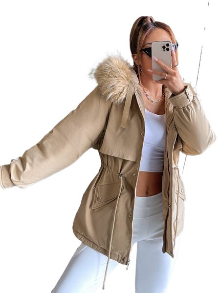 

drawstring waist fuzzy trim hooded parka coat u1pr#, Black