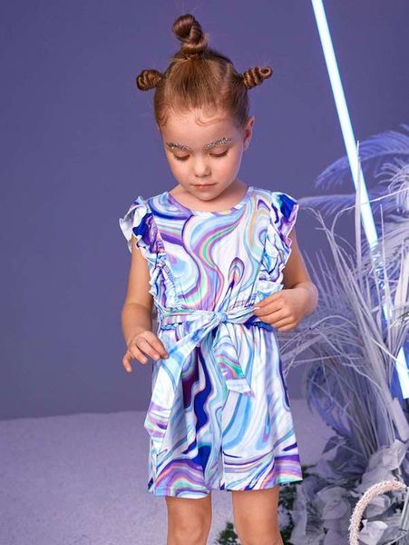 

toddler girls splash print butterfly sleeve belted romper she, Blue