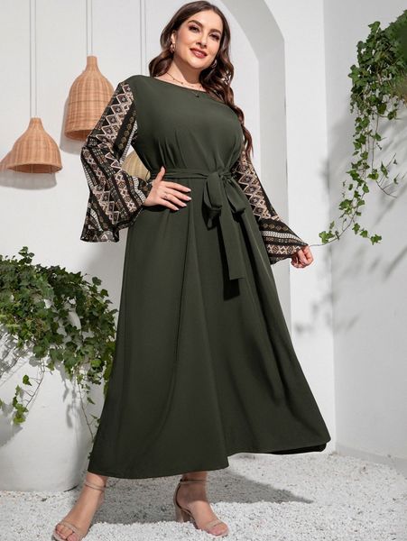 

plus geo print flounce sleeve belted dress s6wh#, Black