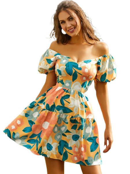 

sbetro floral print off shoulder puff sleeve lace up back dress x3lk#, Black;gray