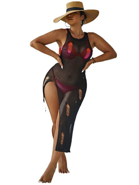 

plus ripped slit thigh cover up dress without bikini set v5it#, Black