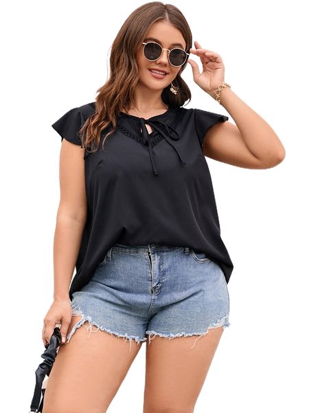 

plus guipure lace insert butterfly sleeve tie neck blouse c0ez#, Black