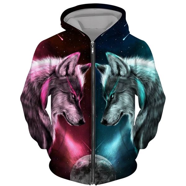 

spring and autumn 3d printed wolf hoodie plus size male/female hooded sweatshirts fashion men/women zip pullovers casual jackets 220325, Black