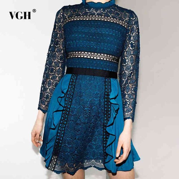 

deep blue patchwork lace dress for women o neck long sleeve high waist vintage mini dresses female summer fashion style 210507, Black;gray