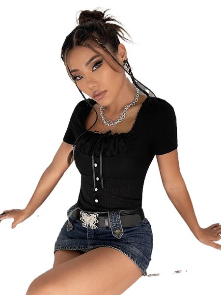 

guipure lace trim knot front fake button tee m2ec#, White