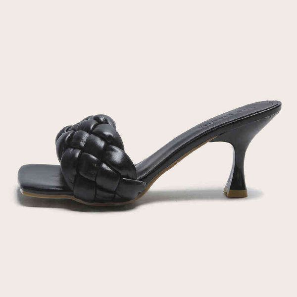 

summer sandals women woven thin heeled slippers designer fashion square toe high heels flip flop 220316, Black