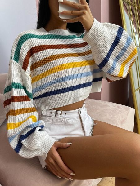 

stripe pattern lantern sleeve sweater n6bg#, White;black