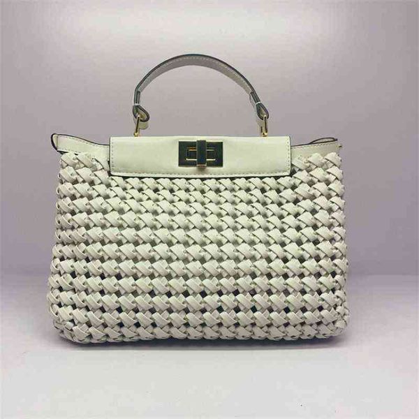 

evening bags summer luxury hollow out large woman handbag metallic hardware lock hand woven cross body bag detachable long strap 220709