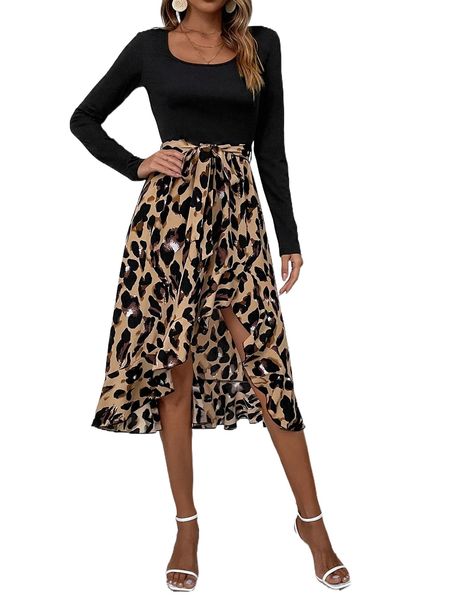 

leopard print tie front dress m67n#, Black;gray
