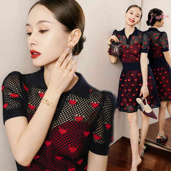 

casual dresses wang ziwen star same dress love hollow polo collar temperament trim waist hem short sleeve black skirt oiux, Black;gray