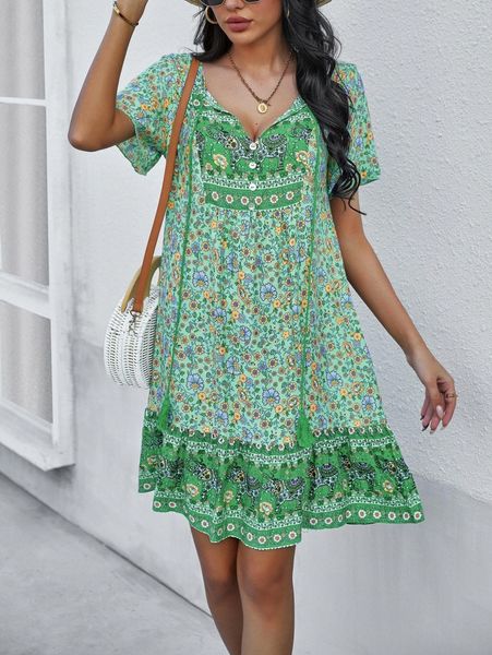 

allover floral print ruffle hem dress 74hr#, Black;gray