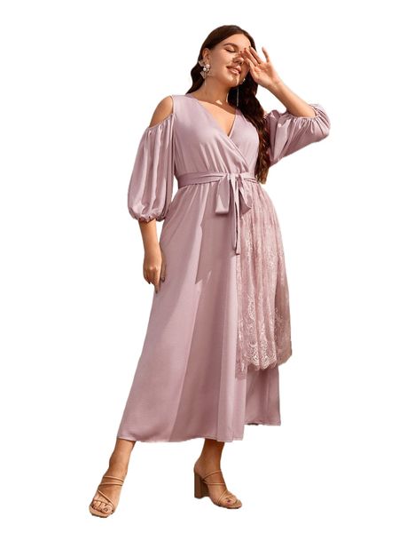 

plus cold shoulder lantern sleeve eyelash lace panel belted dress 44yy#, Black