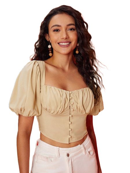 

evolu puff sleeve ruched bust sweetheart neck backless knot blouse p4sg#, White