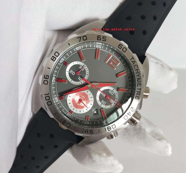 

super classic new style men wristwatches 42mm grey dial auto date vk quartz chronograph rubber hollow out strap f1 fashion men's watche, Slivery;brown