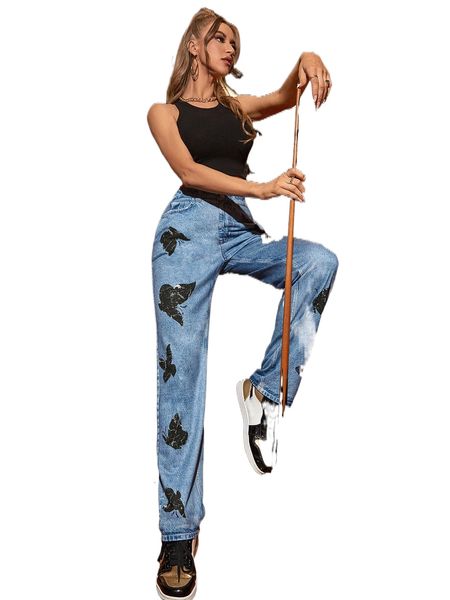 

butterfly print slant pocket straight leg chambray pants u4gv#, Black;white