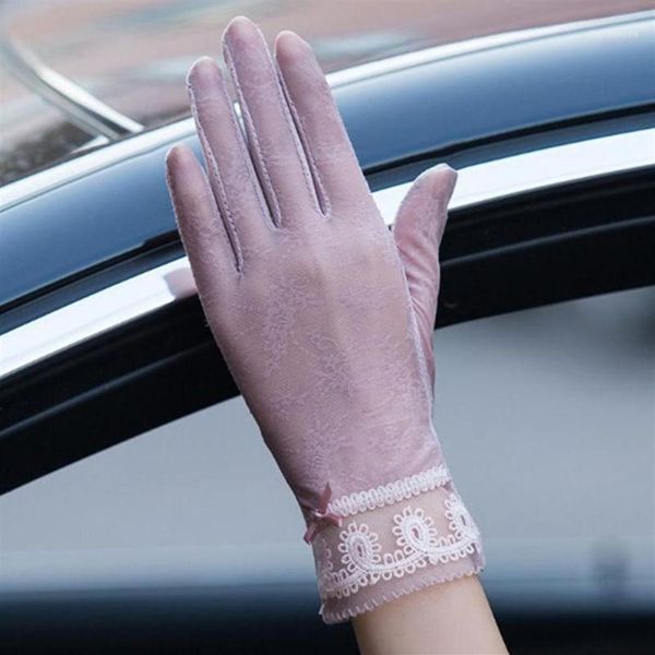 

five fingers gloves women sun protection high elastic lace design silk thin touch screen anti-uv skid for outdoor driving1281i, Blue;gray