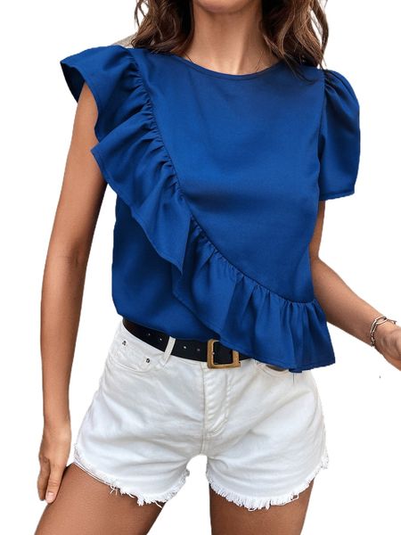 

ruffle trim puff sleeve asymmetrical blouse u4au#, White