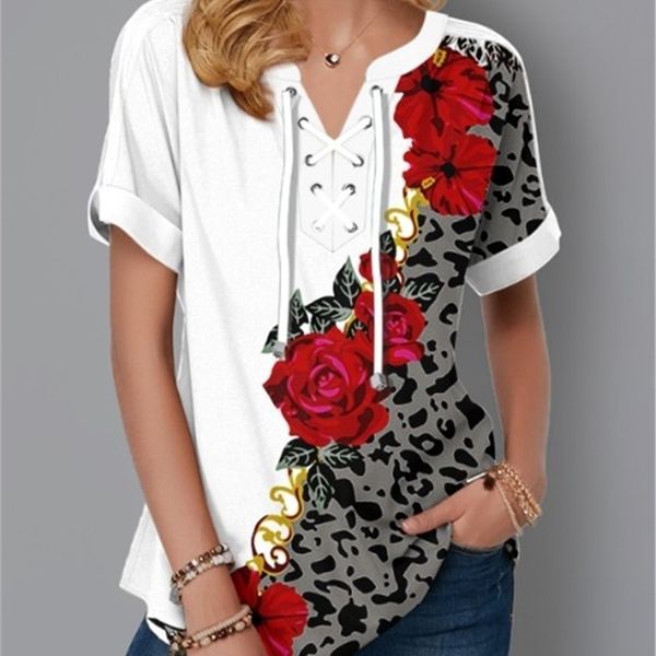 

women clothing short sleeve t-shirts fashion flower print bandage v-neck summer tee casual ladies shirts t-shirt pullovers 220407, White