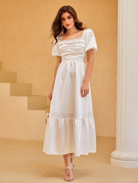 

lantern sleeve ruched square neck ruffle hem tie back dress l2r3#, Black;gray